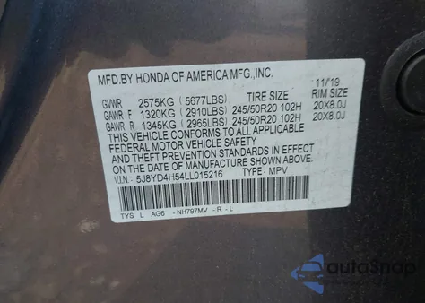 2020 Acura Mdx Technology Package z USA, uszkodzony, nr VIN 5J8YD4H54LL015216